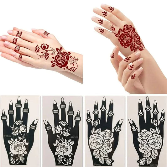 4 Sheets Flower Tattoo Stencils Rose Flower Stencil Reusable Templates Tattoo for Hand Glitter Airbrush DIY Tattoo Template for Women Girls Body Art Self Adhesive Stencils Party Gift Mehndi Designs, spring - DONGMEI CHEN TEXTILES