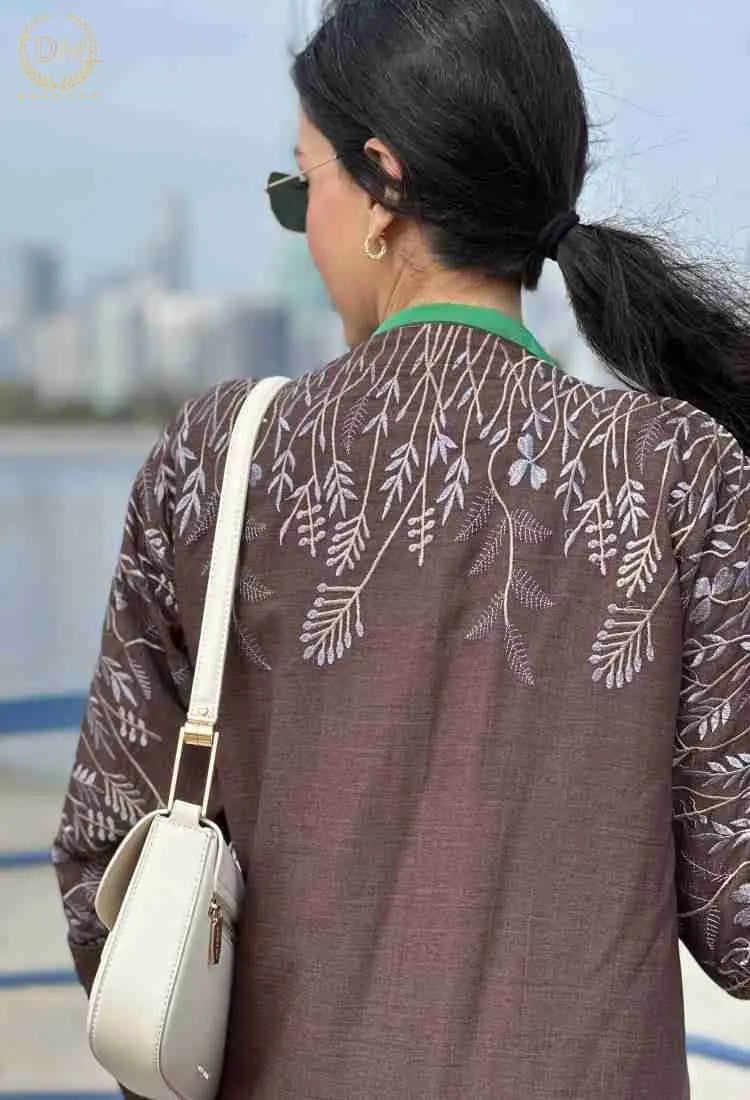 Brown linen embroidered robe DONGMEI CHEN TEXTILES