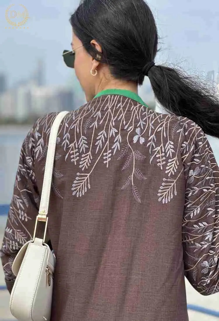 Brown linen embroidered robe DONGMEI CHEN TEXTILES