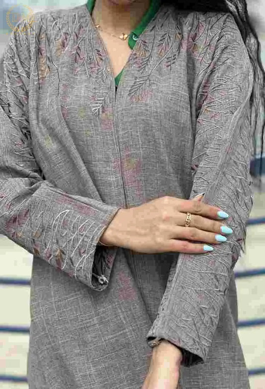 Grey linen embroidered robe DONGMEI CHEN TEXTILES