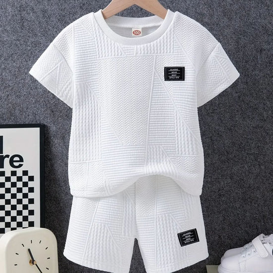 boys clothes - 2pcs Boys Casual Label Patched Solid Color Short Sleeve T-shirt & Shorts Set - DONGMEI CHEN TEXTILES