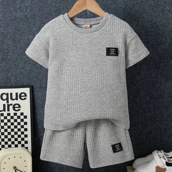 boys clothes - 2pcs Boys Casual Label Patched Solid Color Short Sleeve T-shirt & Shorts Set - DONGMEI CHEN TEXTILES