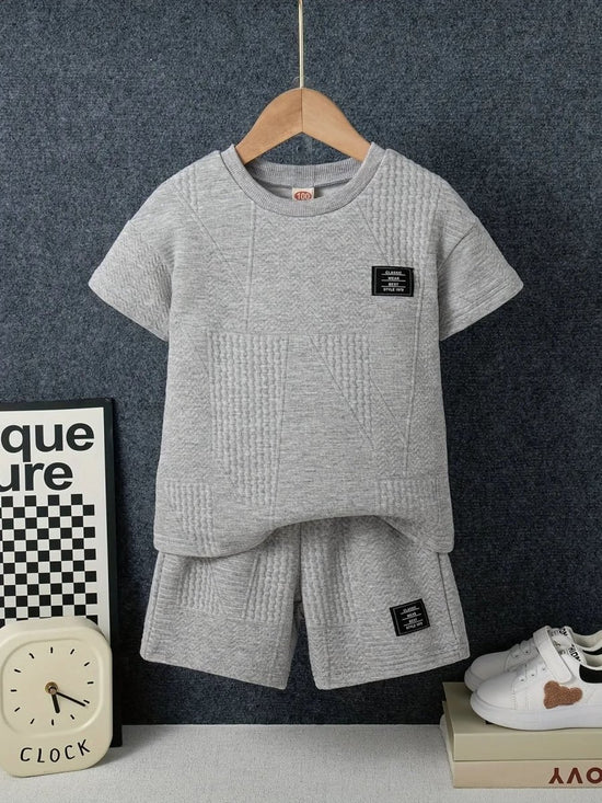 boys clothes - 2pcs Boys Casual Label Patched Solid Color Short Sleeve T-shirt & Shorts Set - DONGMEI CHEN TEXTILES