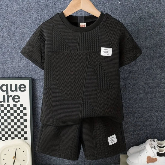 boys clothes - 2pcs Boys Casual Label Patched Solid Color Short Sleeve T-shirt & Shorts Set - DONGMEI CHEN TEXTILES