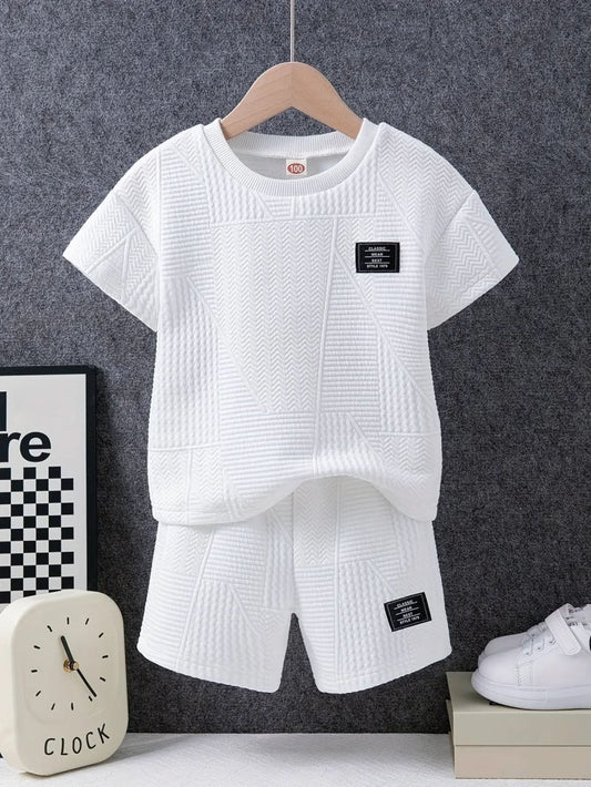 boys clothes - 2pcs Boys Casual Label Patched Solid Color Short Sleeve T-shirt & Shorts Set - DONGMEI CHEN TEXTILES