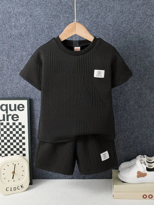 boys clothes - 2pcs Boys Casual Label Patched Solid Color Short Sleeve T-shirt & Shorts Set - DONGMEI CHEN TEXTILES