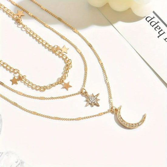 Elegant Boho - Chic Multi - Layer Golden Necklace for Women with Star and Moon Pendants, Boho - Chic Necklace - DONGMEI CHEN TEXTILES