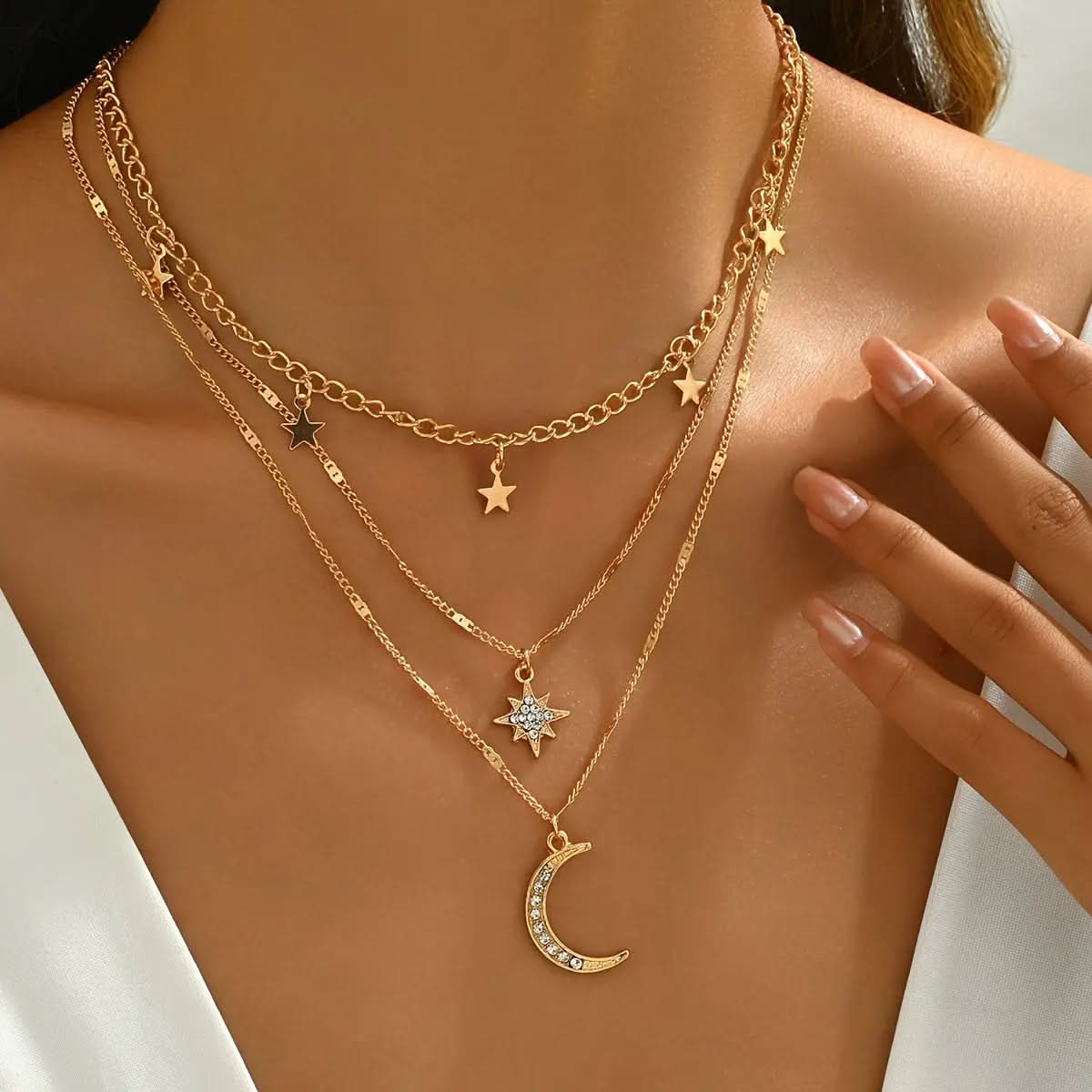 Elegant Boho - Chic Multi - Layer Golden Necklace for Women with Star and Moon Pendants, Boho - Chic Necklace - DONGMEI CHEN TEXTILES