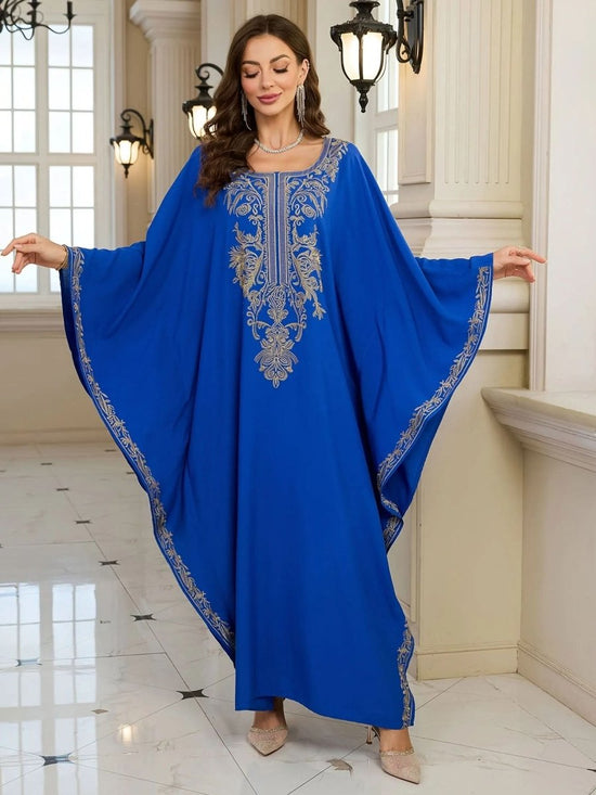 Elegant Embroidered Kaftan - Viscose Long Sleeve Hijab with Batwing Sleeves - DONGMEI CHEN TEXTILES