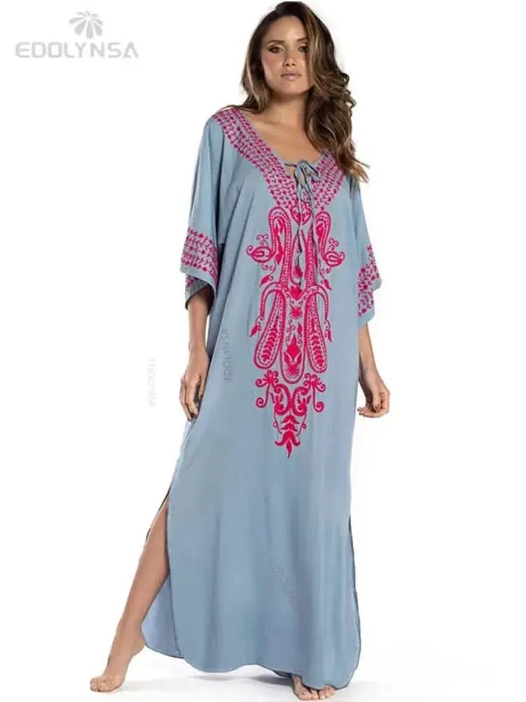 Elegant Embroidered Kaftan - Viscose Long Sleeve Hijab with Batwing Sleeves - DONGMEI CHEN TEXTILES