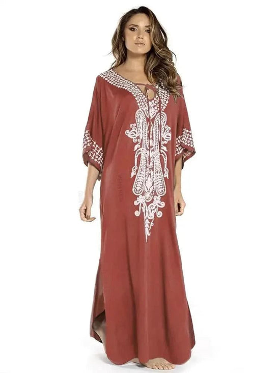 Elegant Embroidered Kaftan - Viscose Long Sleeve Hijab with Batwing Sleeves - DONGMEI CHEN TEXTILES