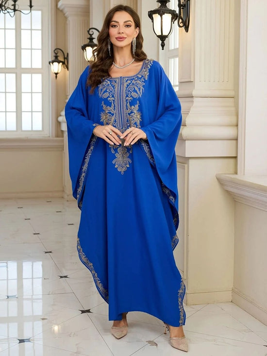 Elegant Embroidered Kaftan - Viscose Long Sleeve Hijab with Batwing Sleeves - DONGMEI CHEN TEXTILES