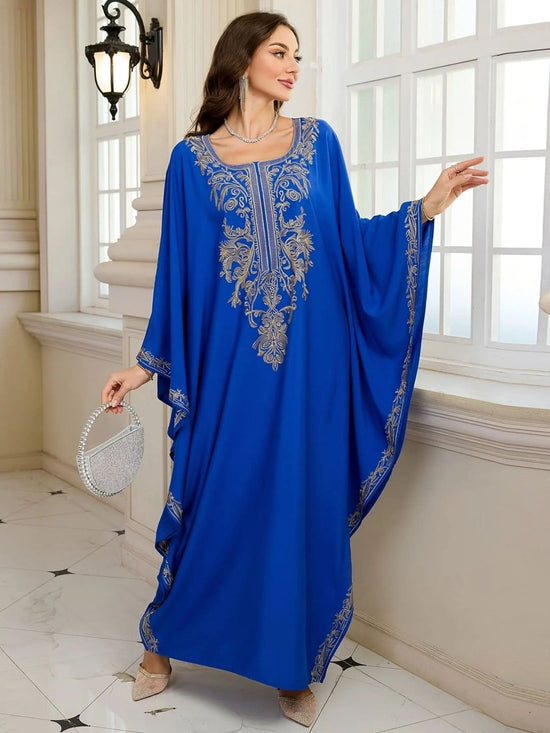 Elegant Embroidered Kaftan - Viscose Long Sleeve Hijab with Batwing Sleeves - DONGMEI CHEN TEXTILES