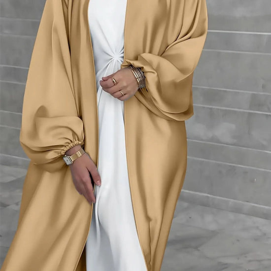 Elegant Golden Satin Bubble Sleeve Dress - DONGMEI CHEN TEXTILES