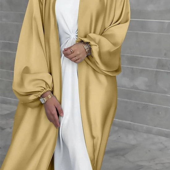 Elegant Golden Satin Bubble Sleeve Dress - DONGMEI CHEN TEXTILES