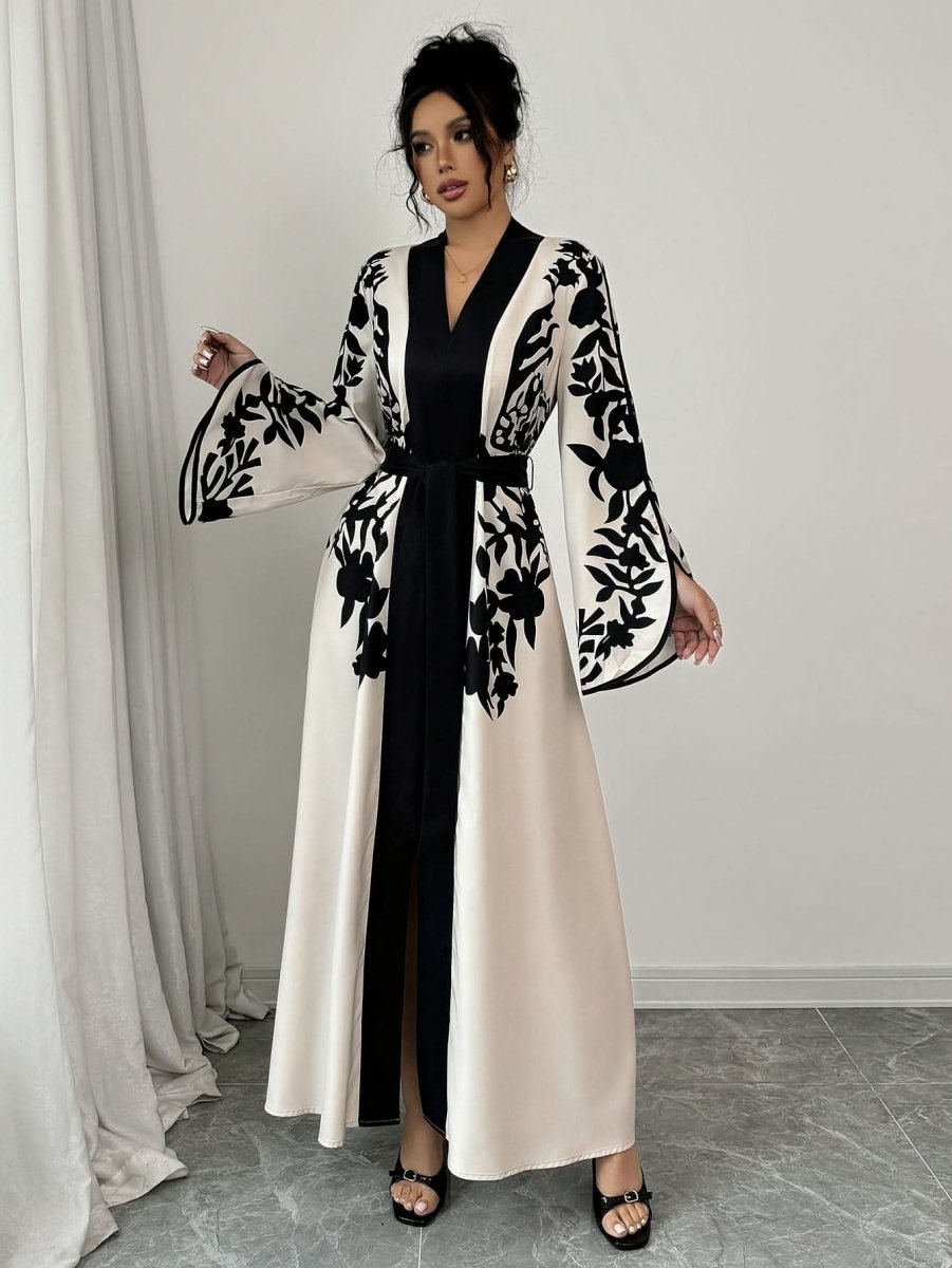 Elegant Women's V - Neck Long Cardigan Dress - DONGMEI CHEN TEXTILES