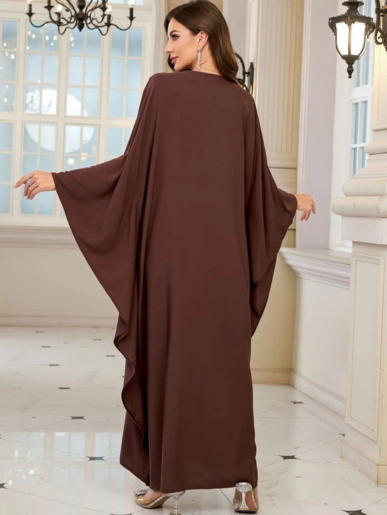 Fashion V - neck Long Brown Flower Middle East Dress - DONGMEI CHEN TEXTILES