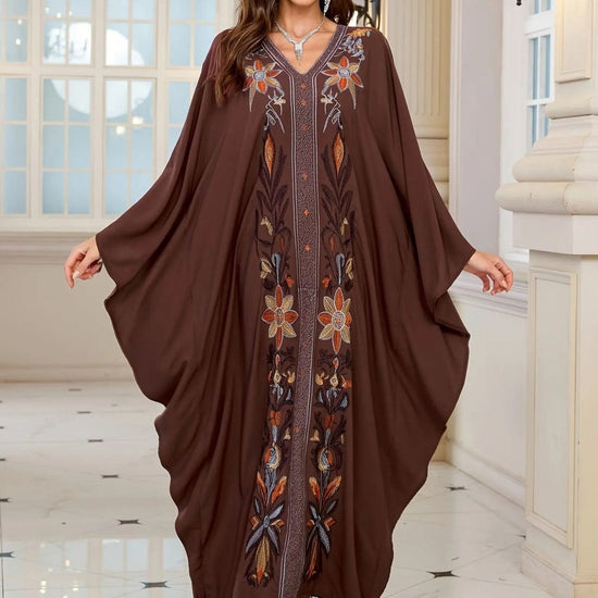 Fashion V - neck Long Brown Flower Middle East Dress - DONGMEI CHEN TEXTILES