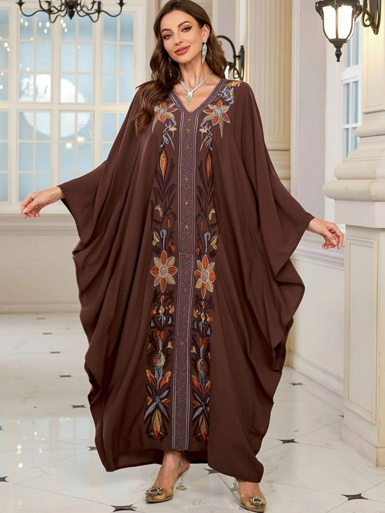 Fashion V - neck Long Brown Flower Middle East Dress - DONGMEI CHEN TEXTILES