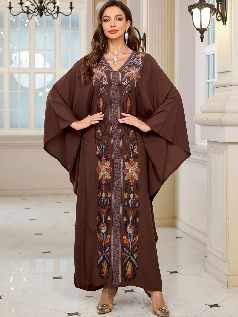 Fashion V - neck Long Brown Flower Middle East Dress - DONGMEI CHEN TEXTILES