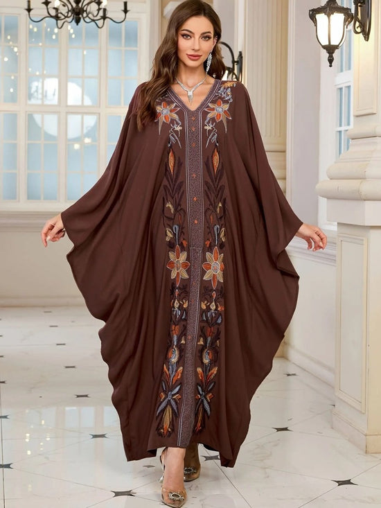 Fashion V - neck Long Brown Flower Middle East Dress - DONGMEI CHEN TEXTILES