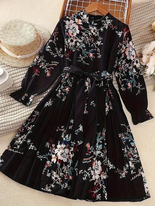 Girl's Floral Long Sleeve Mock Neck Pleated Midi Dress & Belt - girl's dress - DONGMEI CHEN TEXTILES