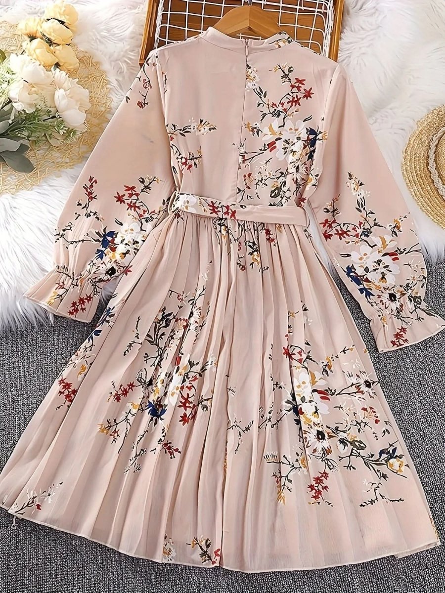 Girl's Floral Long Sleeve Mock Neck Pleated Midi Dress & Belt - girl's dress - DONGMEI CHEN TEXTILES