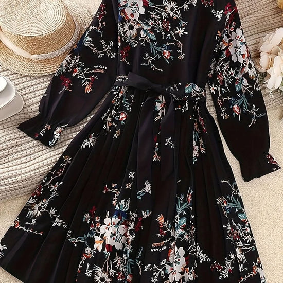 Girl's Floral Long Sleeve Mock Neck Pleated Midi Dress & Belt - girl's dress - DONGMEI CHEN TEXTILES