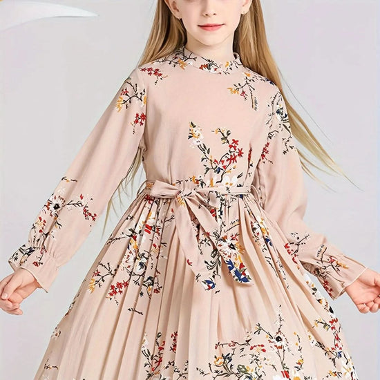 Girl's Floral Long Sleeve Mock Neck Pleated Midi Dress & Belt - girl's dress - DONGMEI CHEN TEXTILES