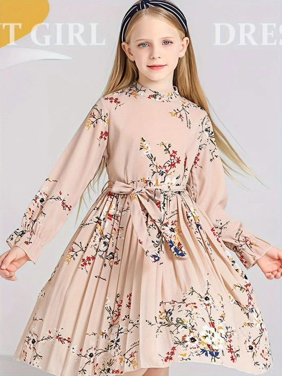 Girl's Floral Long Sleeve Mock Neck Pleated Midi Dress & Belt - girl's dress - DONGMEI CHEN TEXTILES