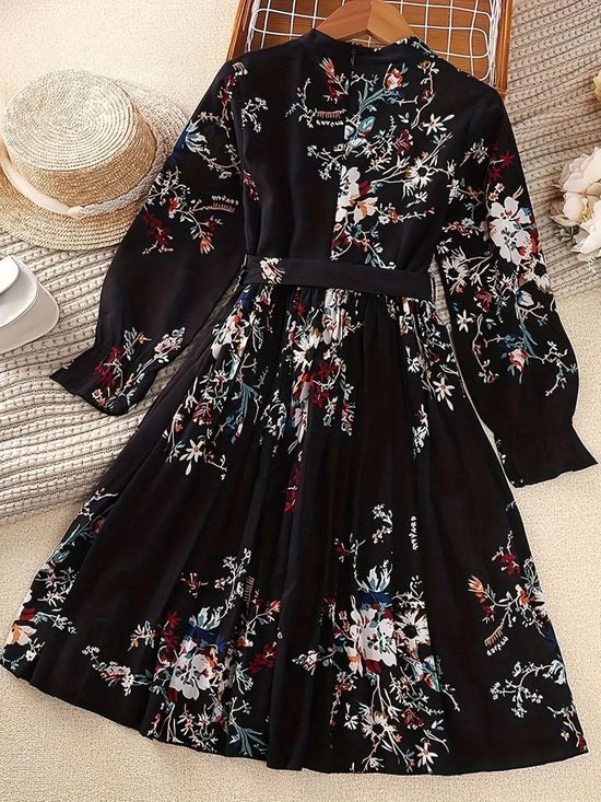 Girl's Floral Long Sleeve Mock Neck Pleated Midi Dress & Belt - girl's dress - DONGMEI CHEN TEXTILES