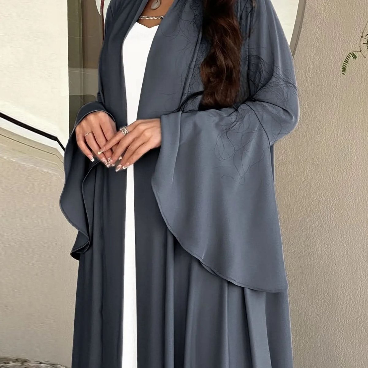 Navy Blue Satin Abaya Cardigan with Ruffle Sleeves Abaya - DONGMEI CHEN TEXTILES