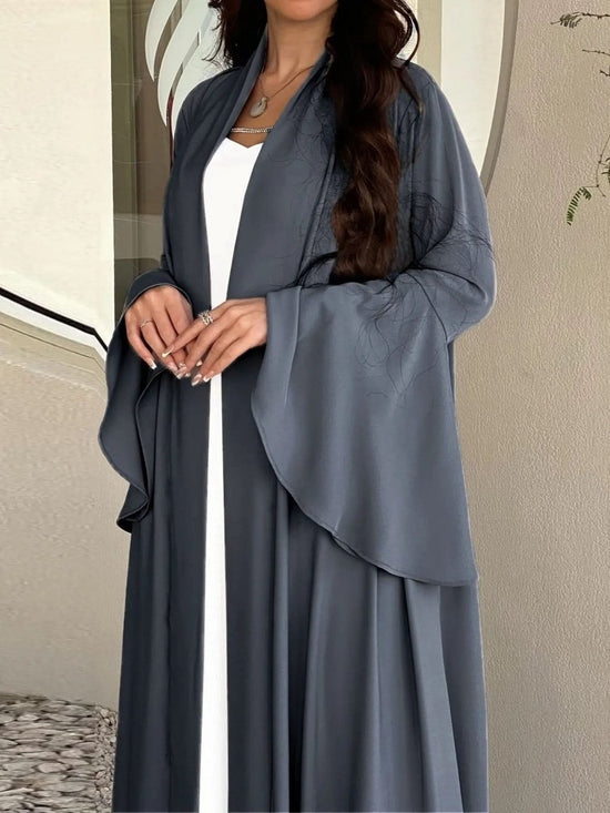 Navy Blue Satin Abaya Cardigan with Ruffle Sleeves Abaya - DONGMEI CHEN TEXTILES