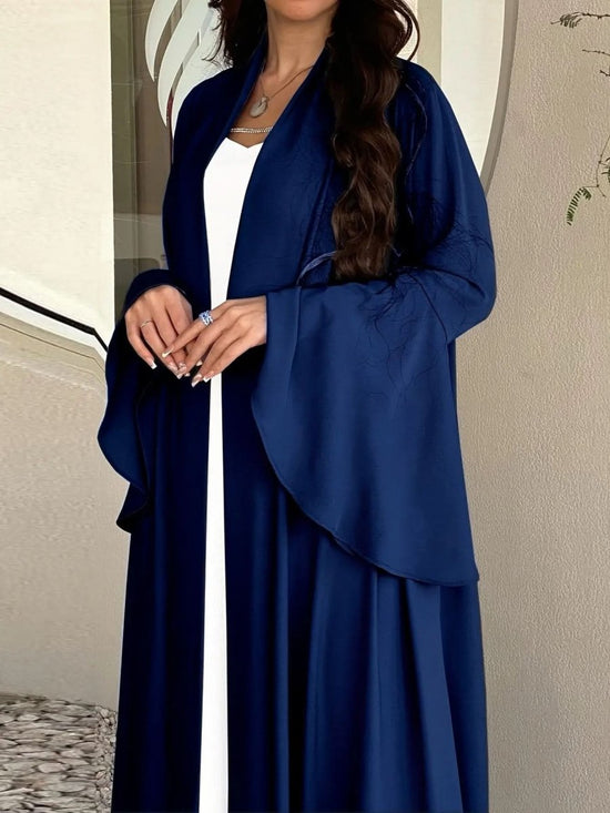 Navy Blue Satin Abaya Cardigan with Ruffle Sleeves Abaya - DONGMEI CHEN TEXTILES