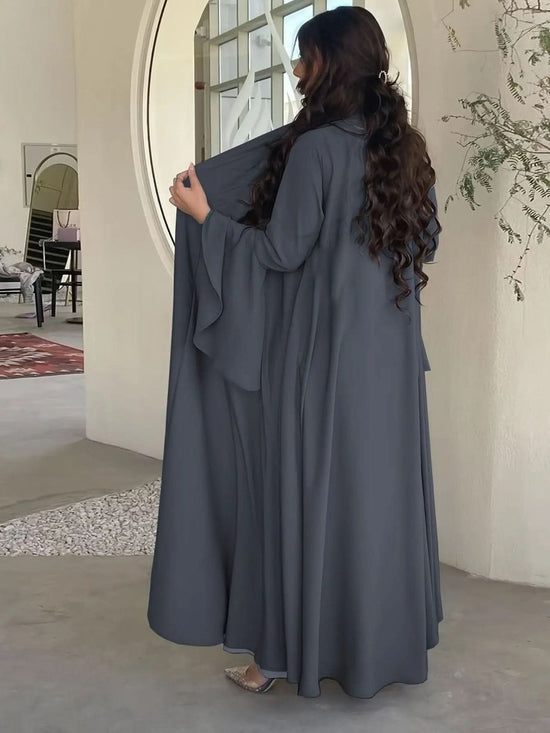 Navy Blue Satin Abaya Cardigan with Ruffle Sleeves Abaya - DONGMEI CHEN TEXTILES