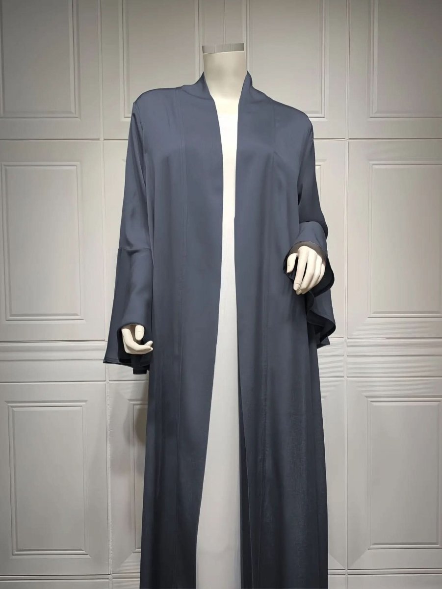 Navy Blue Satin Abaya Cardigan with Ruffle Sleeves Abaya - DONGMEI CHEN TEXTILES