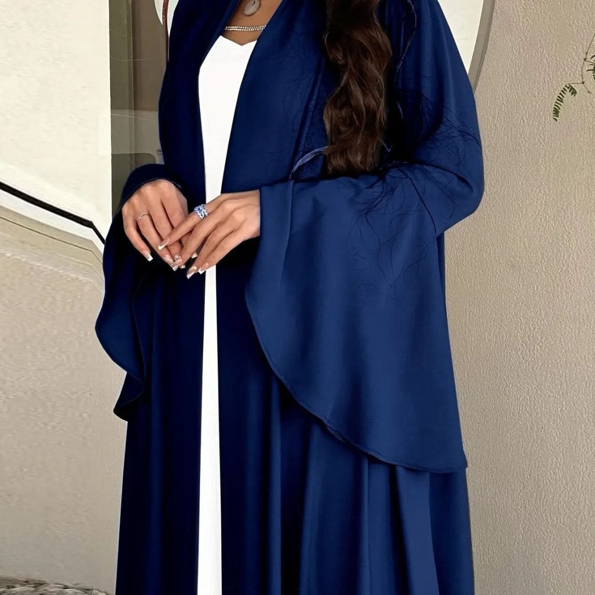 Navy Blue Satin Abaya Cardigan with Ruffle Sleeves Abaya - DONGMEI CHEN TEXTILES