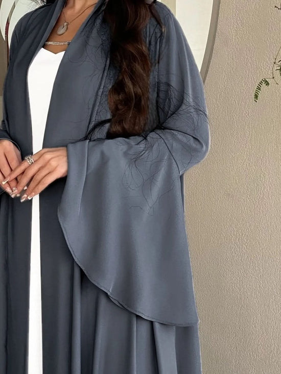 Navy Blue Satin Abaya Cardigan with Ruffle Sleeves Abaya - DONGMEI CHEN TEXTILES