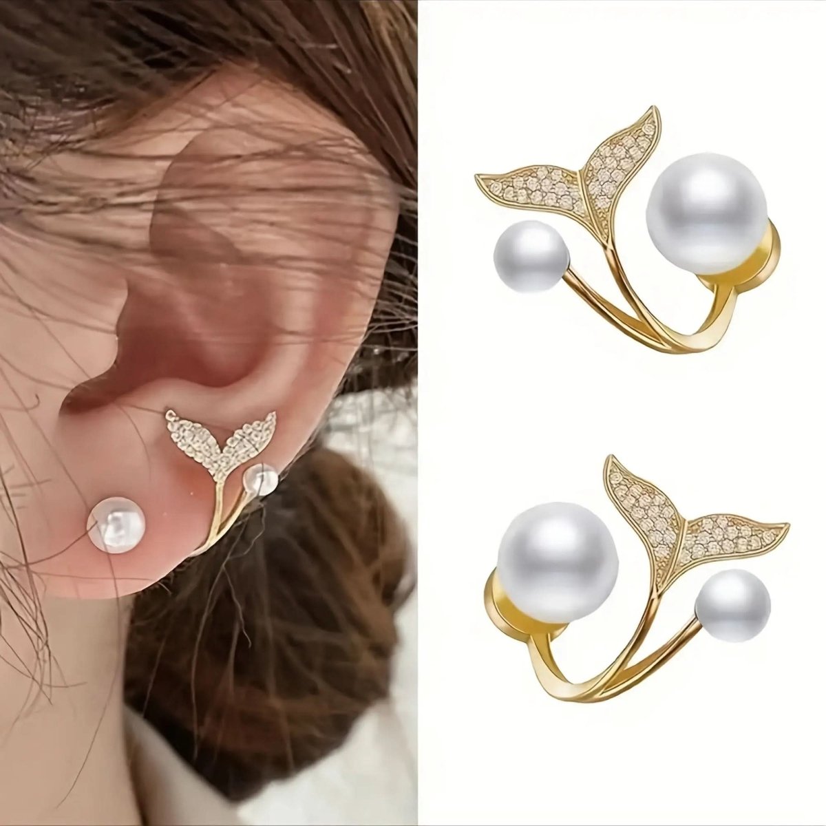 Pair of Elegant mermaid tail earrings with Faux Pearl & Crystal Accents - DONGMEI CHEN TEXTILES