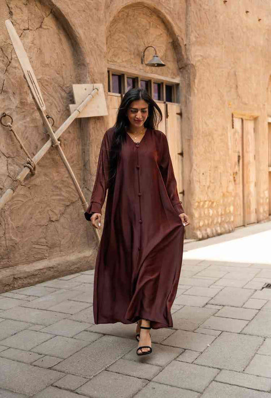 Ramadan kareem 2025 Effortless elegance: A flowing brown gown with button detailing - DONGMEI CHEN TEXTILES