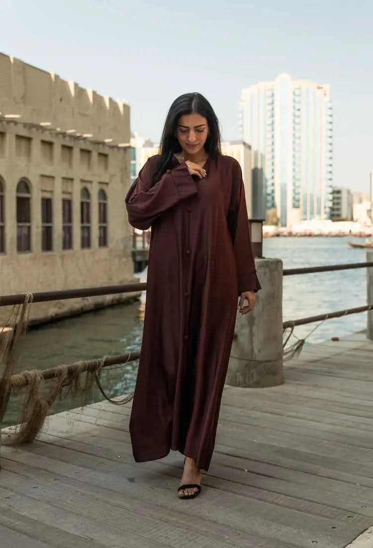 Ramadan kareem 2025 Effortless elegance: A flowing brown gown with button detailing - DONGMEI CHEN TEXTILES