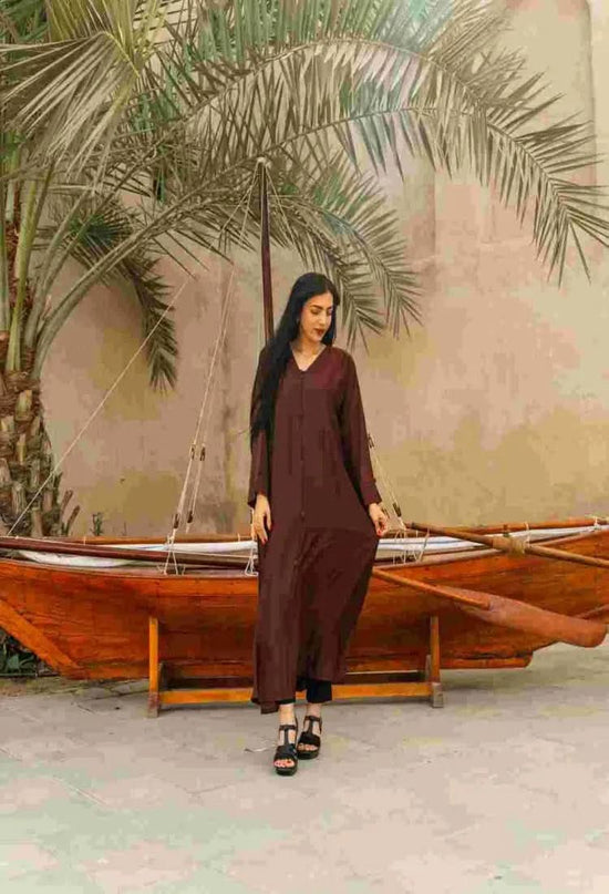 Ramadan kareem 2025 Effortless elegance: A flowing brown gown with button detailing - DONGMEI CHEN TEXTILES