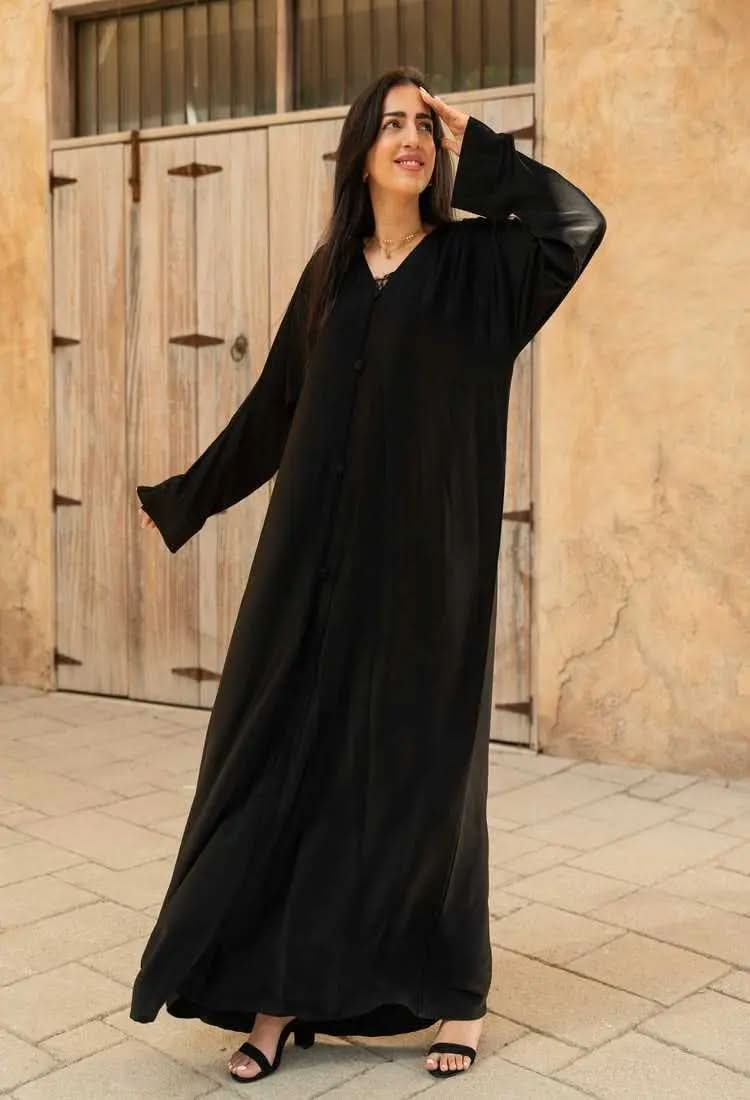 Ramadan kareem 2025 Effortless Grace: Flowing Black Abaya with Button Accents - DONGMEI CHEN TEXTILES