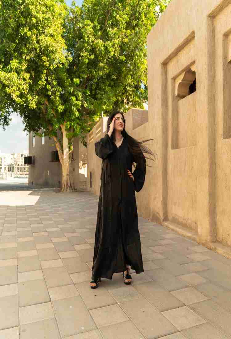 Ramadan kareem 2025 Eternal Grace silky crush black Abaya - DONGMEI CHEN TEXTILES