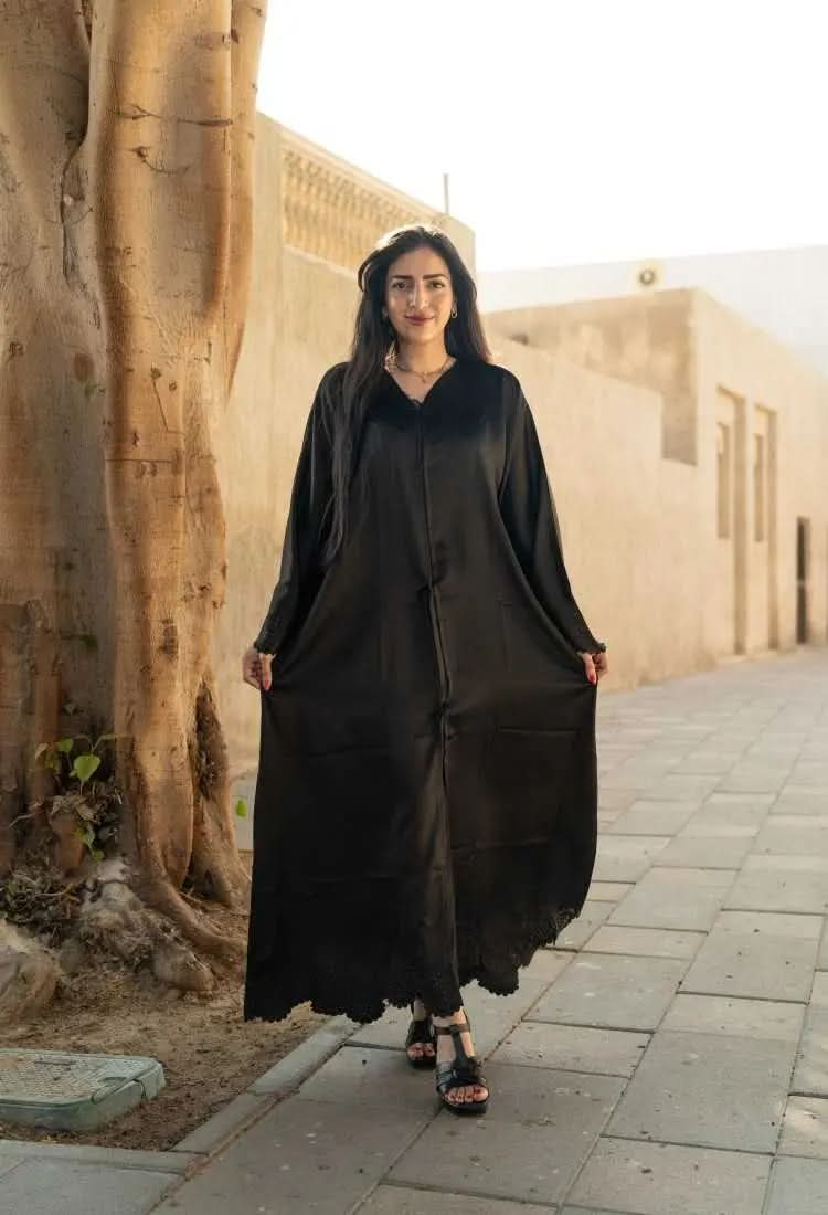 Ramadan kareem 2025 Midnight Blossom Acetate Satin Black Abaya - DONGMEI CHEN TEXTILES