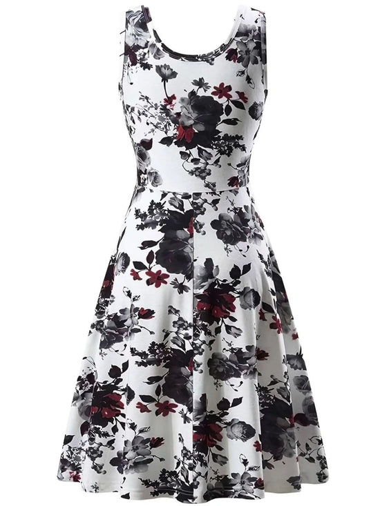 Romantic Floral Print Dress - Flattering Squared Neck, High Waist Ruffle Hem - DONGMEI CHEN TEXTILES