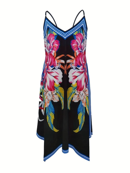 Vibrant Summer Floral Print Dress - Sexy Spaghetti Strap, Loose Fit with Asymmetrical Hem - DONGMEI CHEN TEXTILES