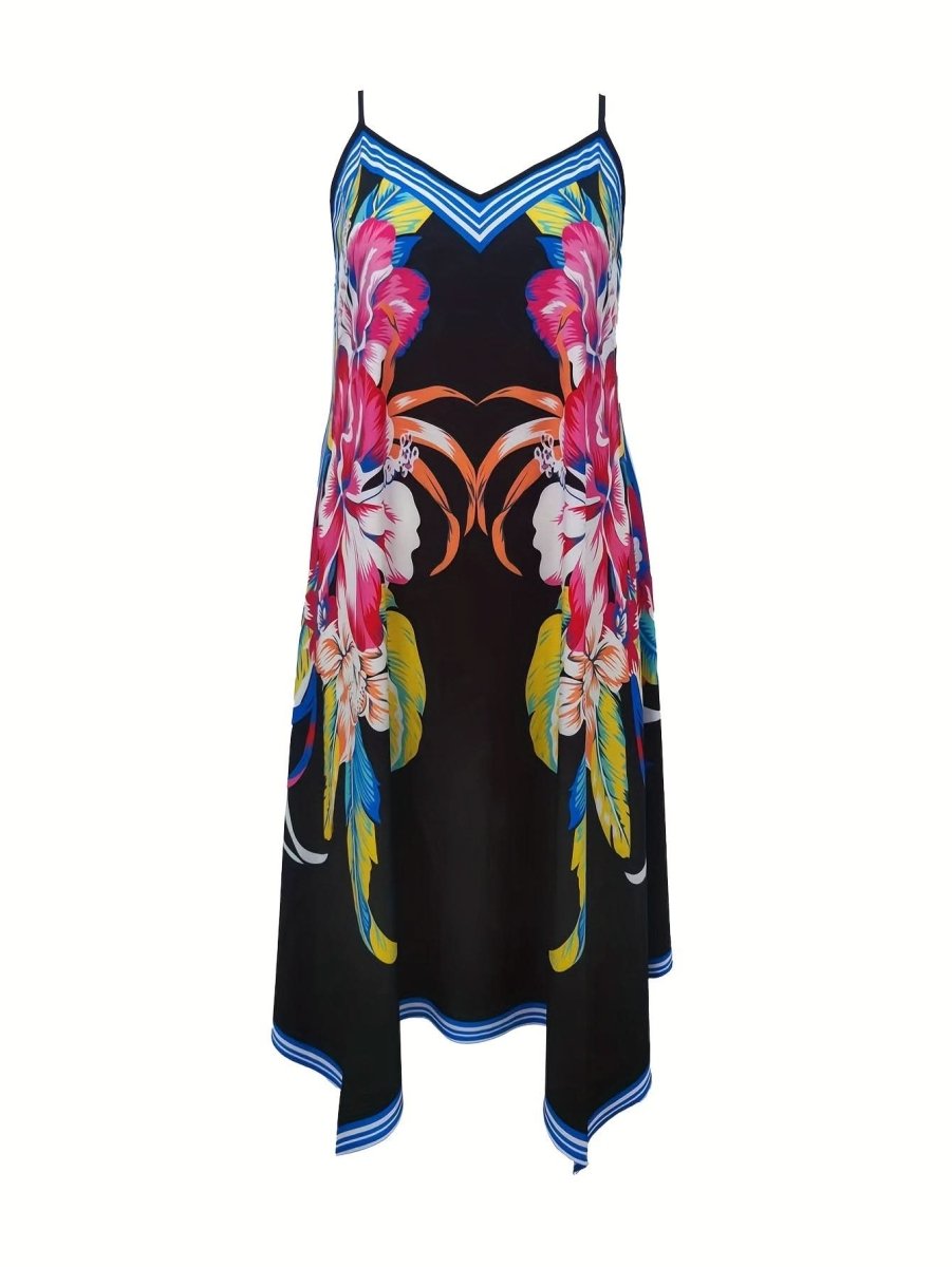 Vibrant Summer Floral Print Dress - Sexy Spaghetti Strap, Loose Fit with Asymmetrical Hem - DONGMEI CHEN TEXTILES