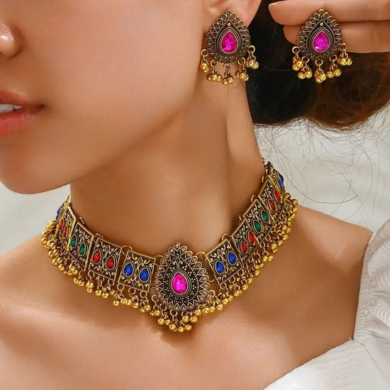 Vintage Jewelry Set with Sparkling Rhinestones - Bold Necklace and Earrings Combo for Women - DONGMEI CHEN TEXTILES